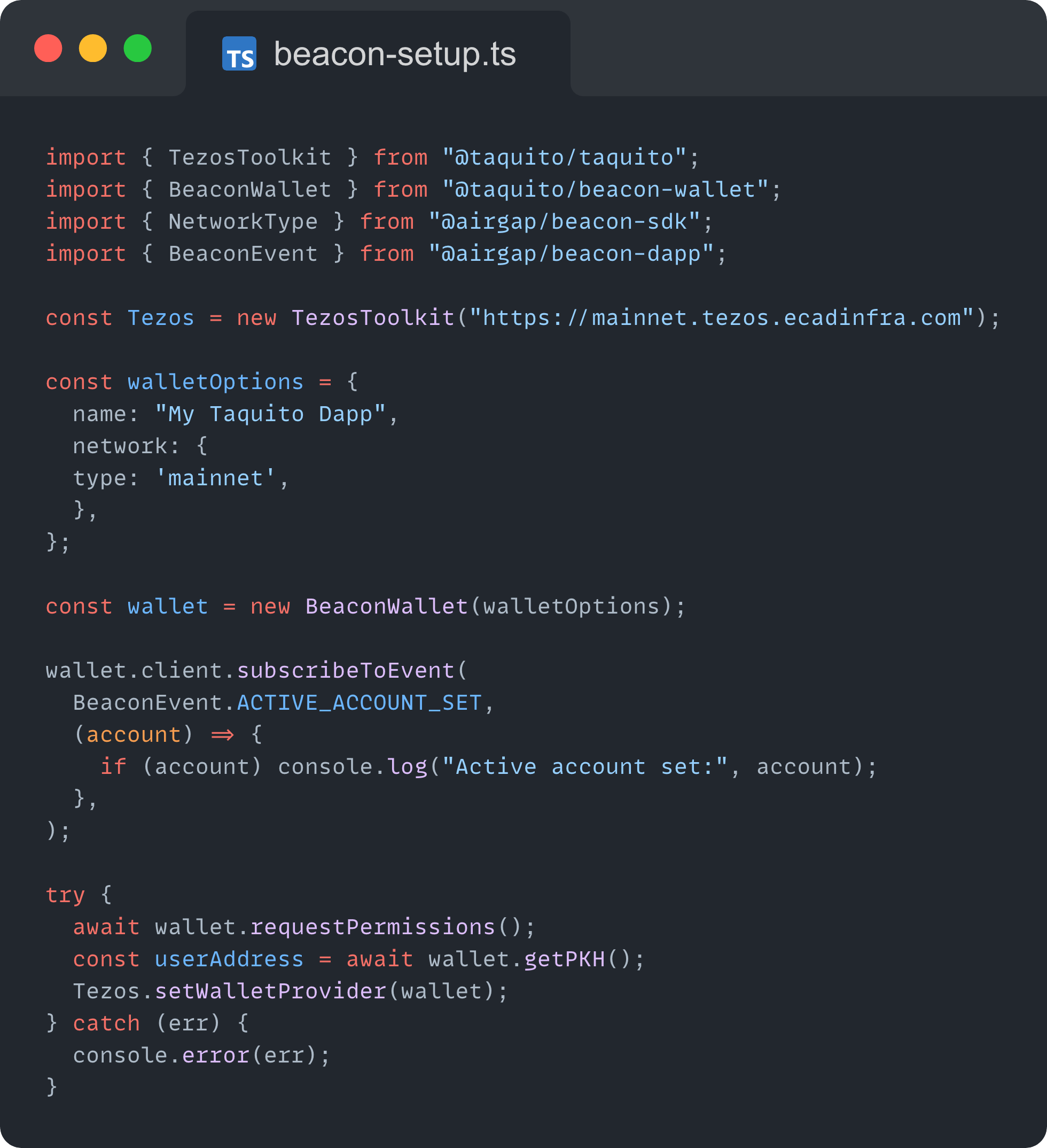 Example of intializing a Beacon wallet with Taquito