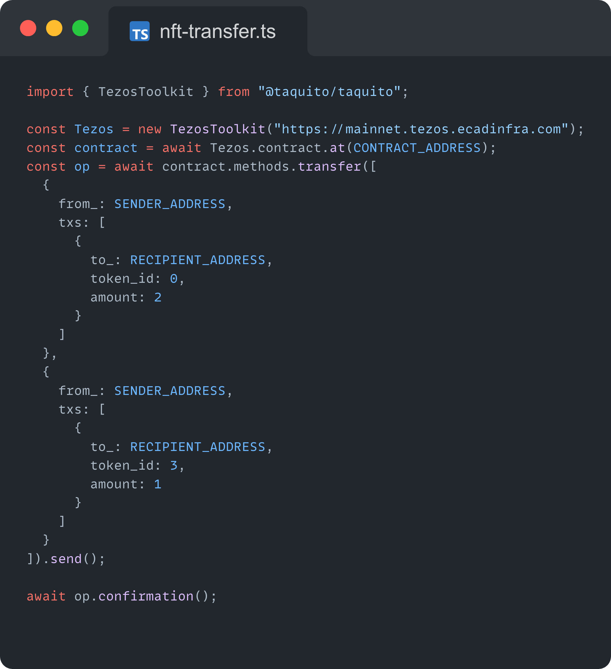 Example of transferring an NFT with Taquito